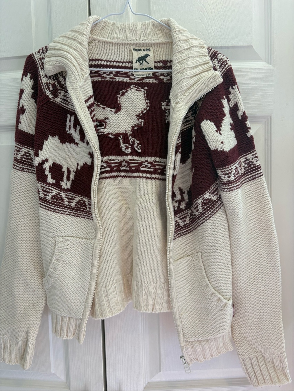 Vintage Cream & Maroon Zip-Front Wool Knit Cardigan Sweater